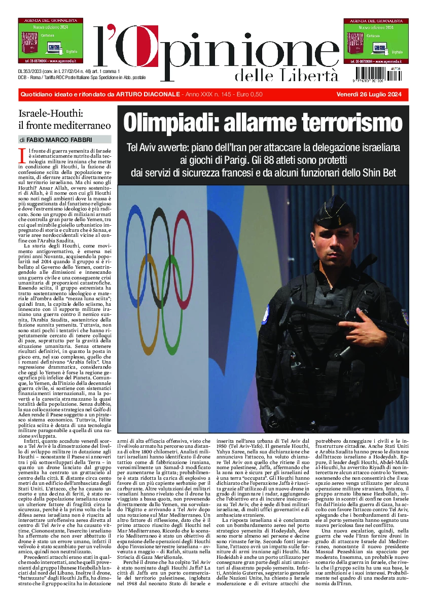Prima-pagina-opinione della liberta-edizione-di-oggi-2024-07-26